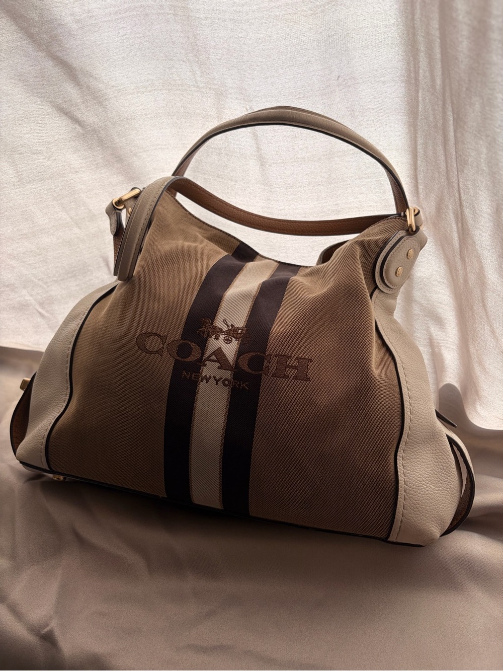 Coach Beige Canvas Stripe Shoulder Bag with Black & White Accents - Picture 7 of 8